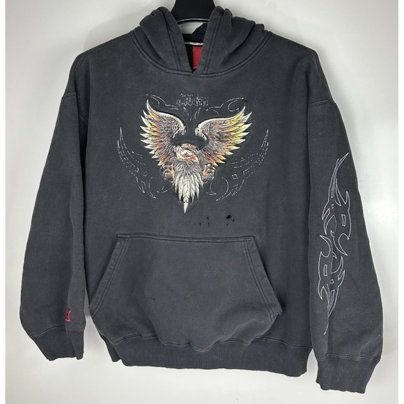 JNCO Jeans *Flawed Distressed Eagle Graphic Hoodie Black Mens XL Y2K Skater Punk - Picture 2 of 16